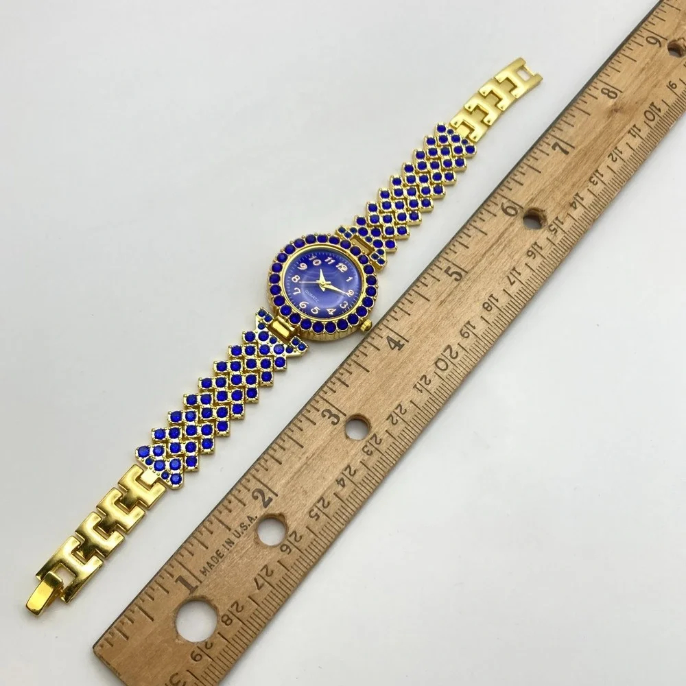 Modern Women's Watch 29mm Gold Tone Blue Crystals Bling Round New Battery 7.25
